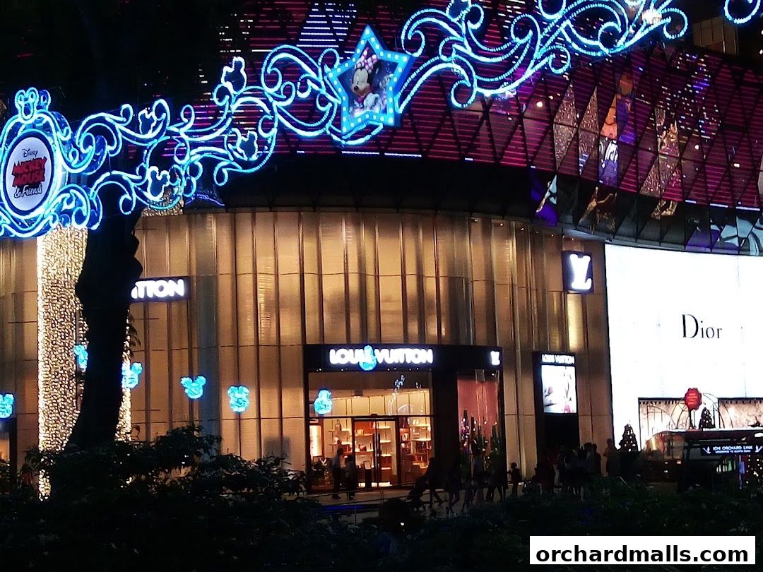 Louis Vuitton store front at night with festive Disney Mickey Mouse and Friends lights.