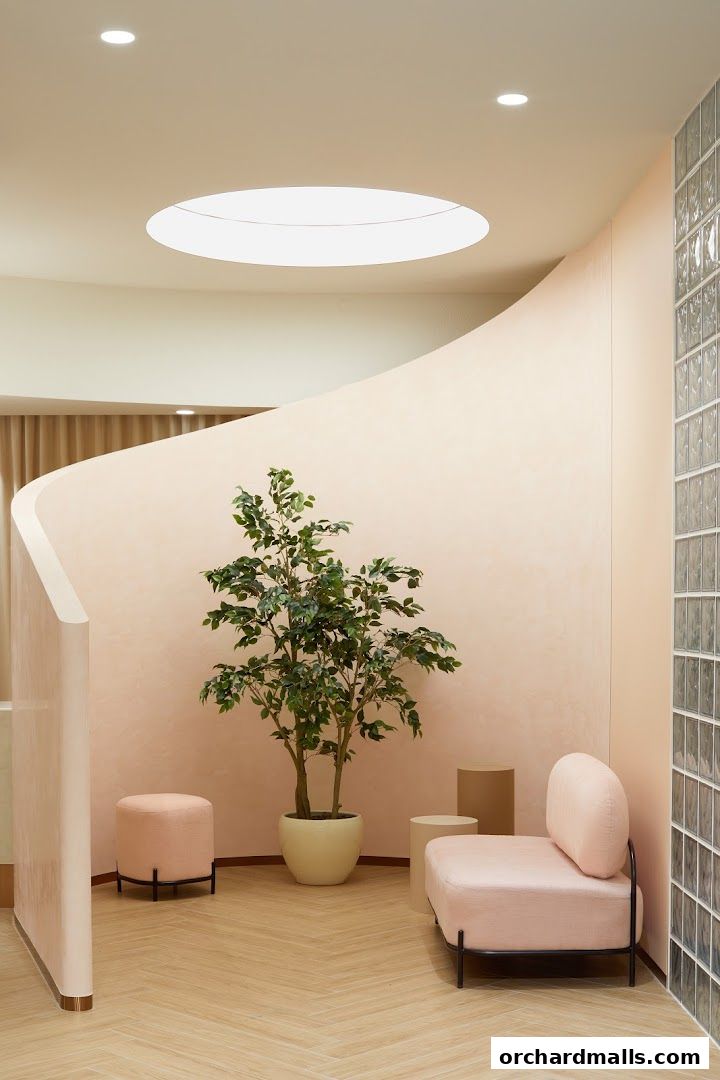 A stylish interior with soft pink walls, a large plant, and modern seating.