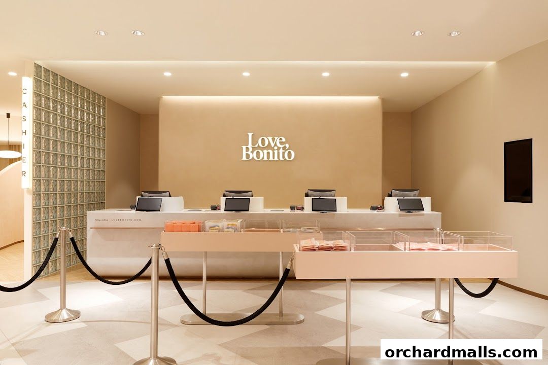 The interior of a modern clothing store with a prominent 'Love, Bonito' logo and cashier counters.