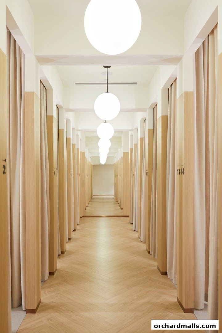 A long hallway with multiple fitting rooms, each with a beige curtain and wooden door.