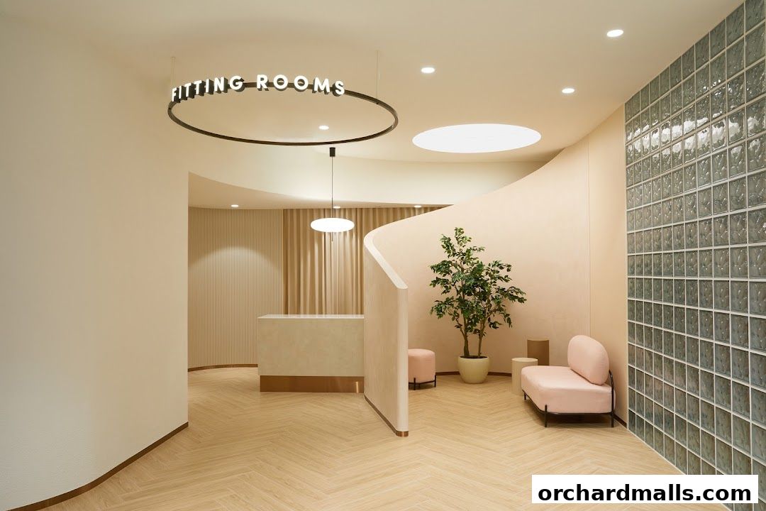 Interior of a modern clothing store with a reception desk, seating area, and fitting rooms.
