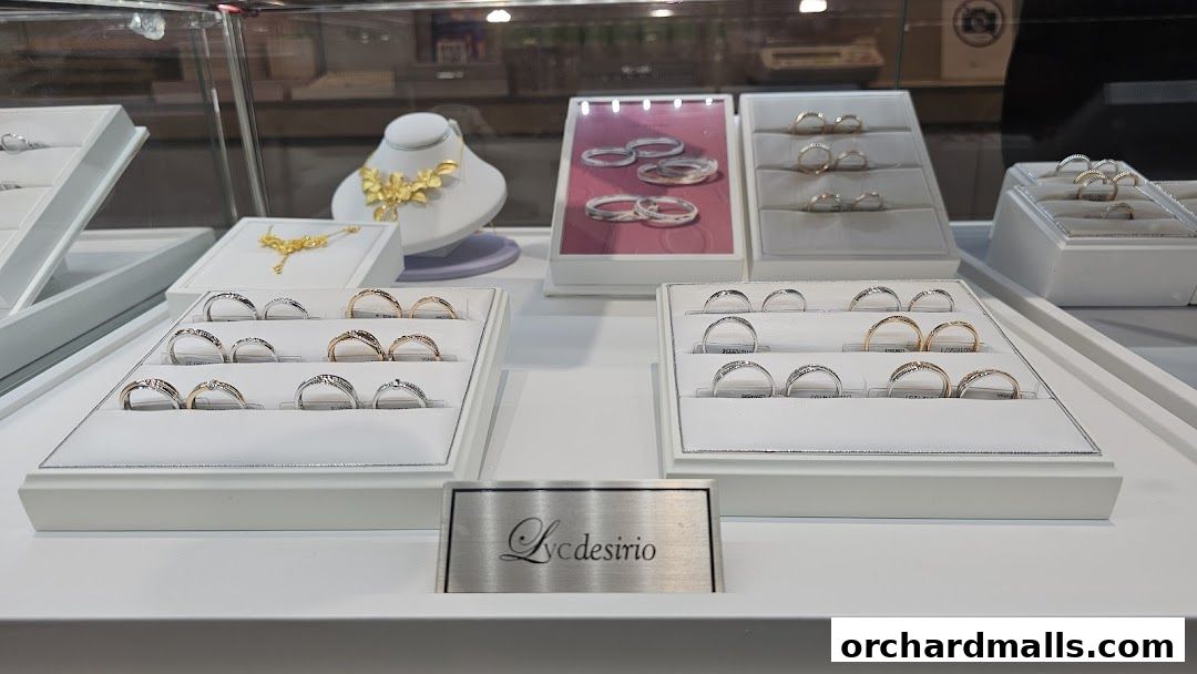 A display of engagement rings and wedding bands in a jewelry store showcase.