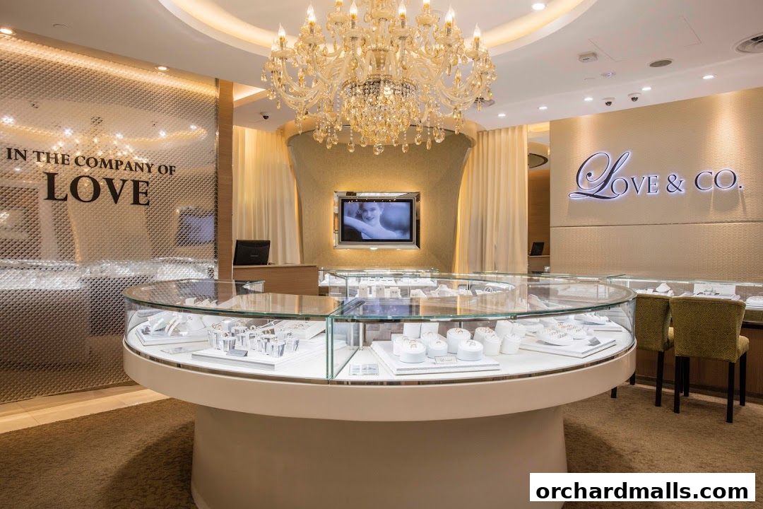 Interior of a luxurious jewelry store showcasing engagement rings and wedding bands in display cases.