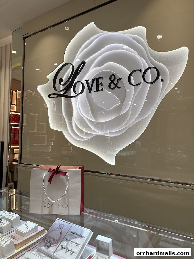 A shop window display featuring the Love & Co. logo and a selection of diamond rings.