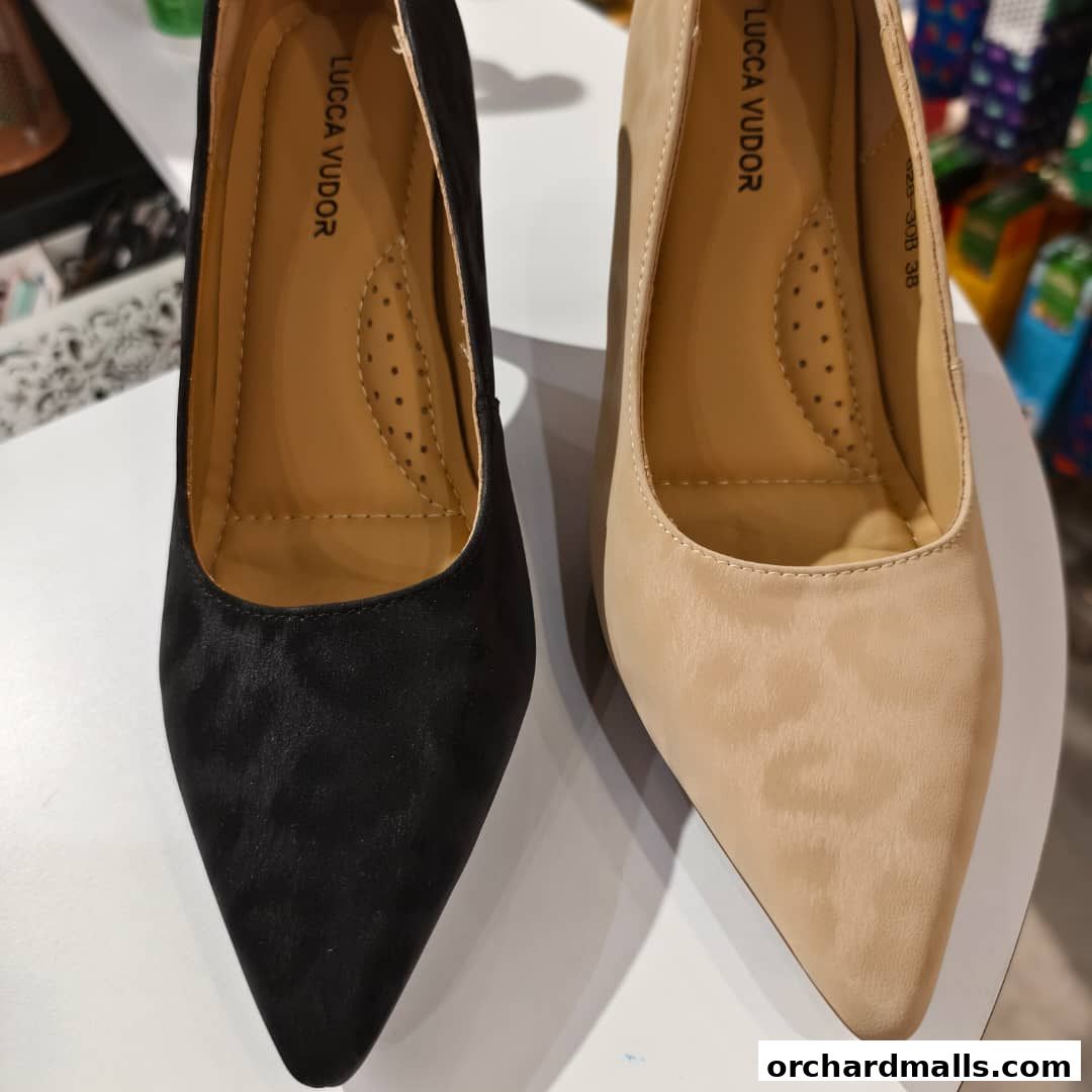 Close-up of two elegant pointed-toe heels, one black and one beige, from Lucca Vudor.