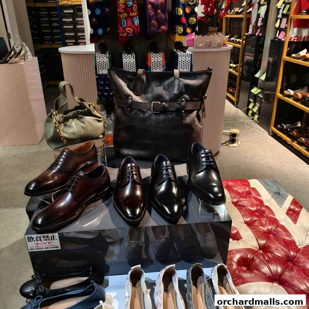 A display of men's dress shoes, handbags, and women's flats in a retail store.