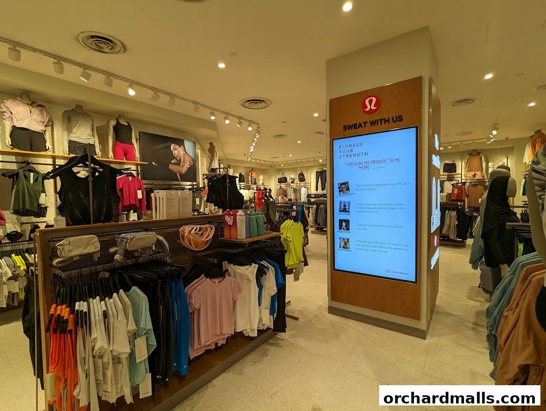 Interior view of a Lululemon store showcasing athletic apparel and a digital display.