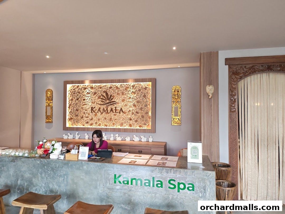 A woman sits at the reception desk of a spa with a large decorative wall behind her.