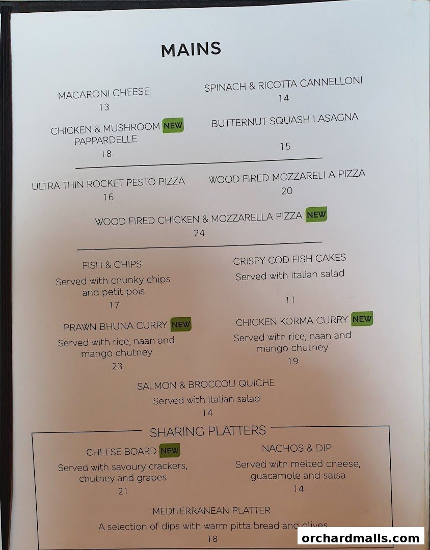 A menu page from MS Café featuring main courses and sharing platters.