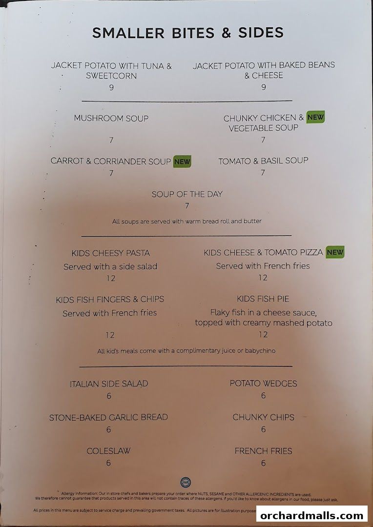 A menu page from MS Café featuring smaller bites and sides, including soups, jacket potatoes, and kids' meals.