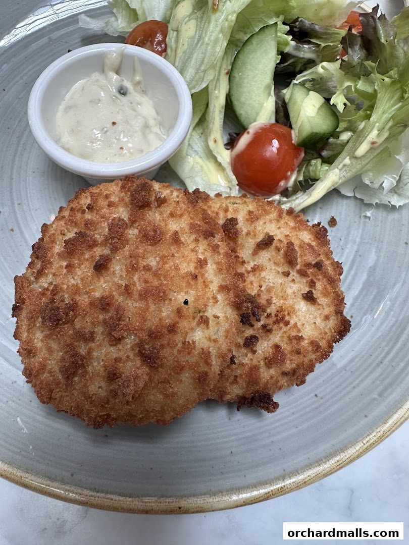 A crispy breaded cutlet served with a fresh side salad and dipping sauce.
