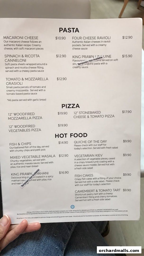 A menu from MS Café featuring pasta, pizza, and hot food options.