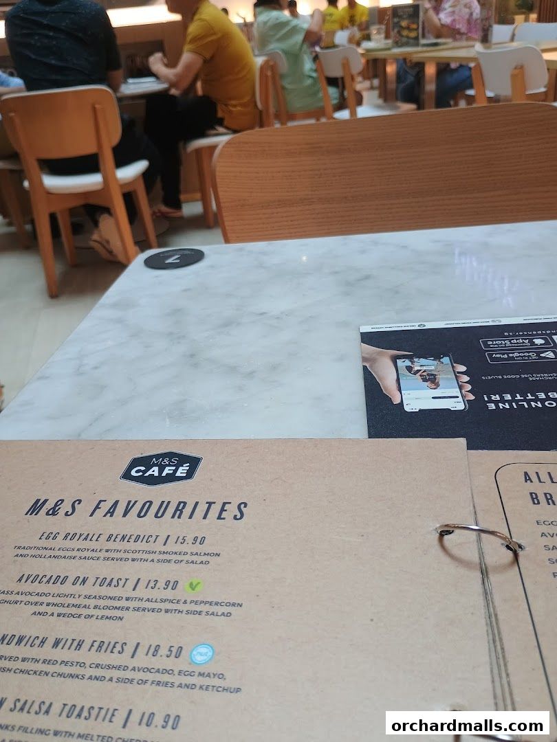 A menu from M&S Cafe featuring breakfast and sandwich options.