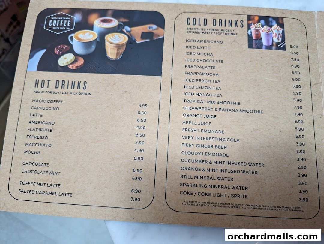 A menu from MS Café featuring hot and cold drinks with prices.