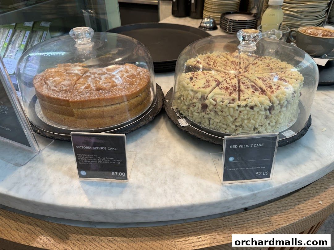 Two delicious cakes, Victoria Sponge and Red Velvet, displayed under glass domes.