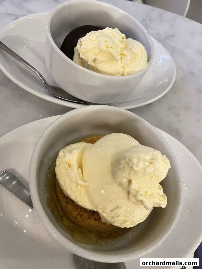 Two bowls of dessert, one with ice cream and a chocolate cake, the other with ice cream and a cookie.