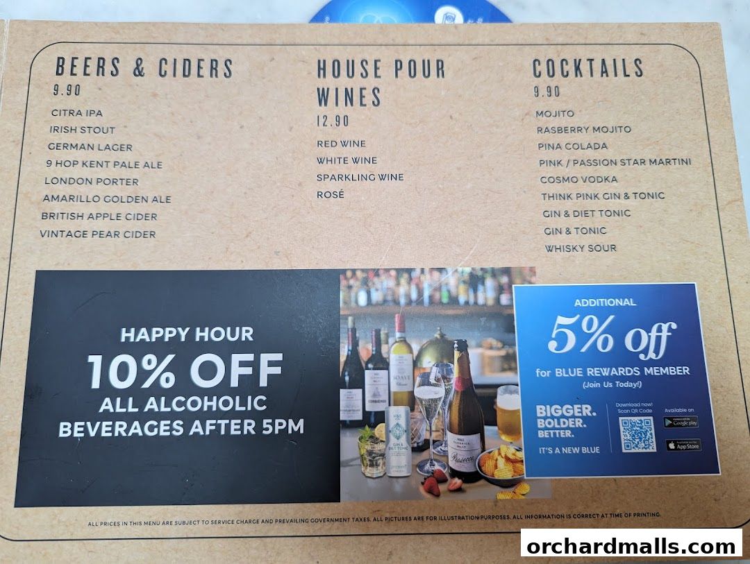 A menu for MS Café featuring beers, wines, cocktails, and a happy hour offer.