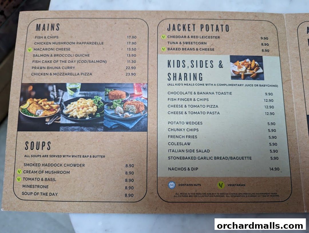 A menu from MS Café featuring mains, jacket potatoes, soups, and kids' meals.