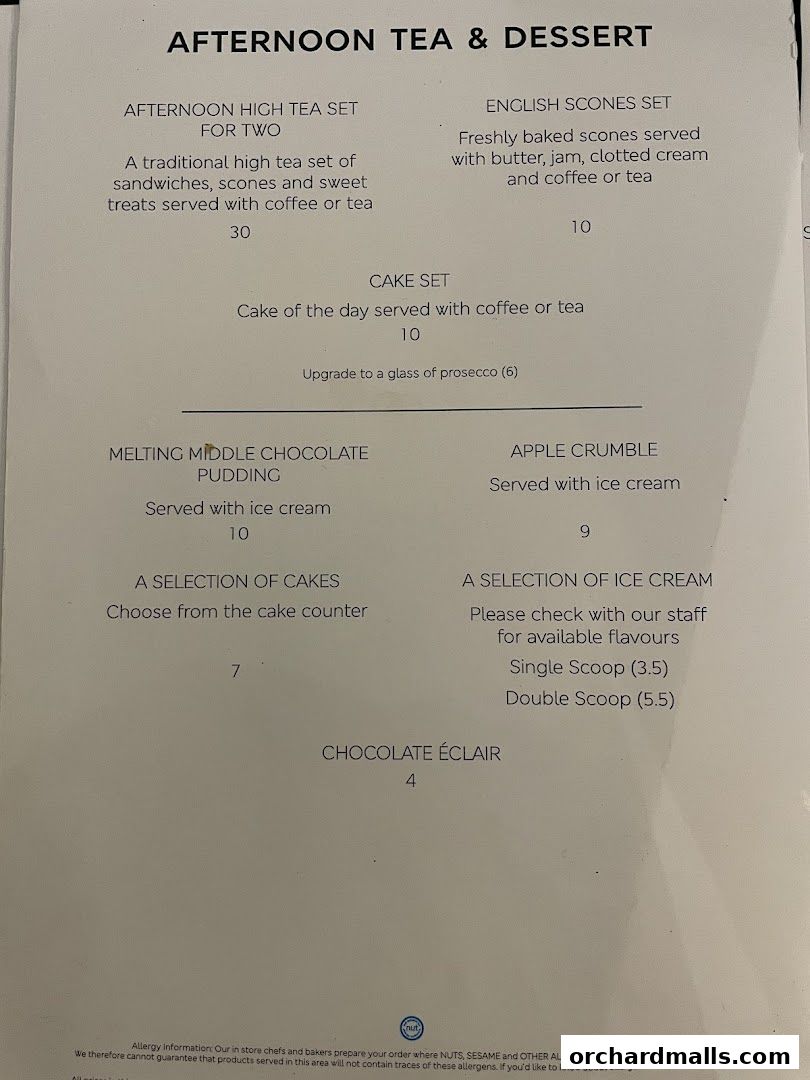 A menu for Afternoon Tea & Dessert featuring various sweet treats and sets.