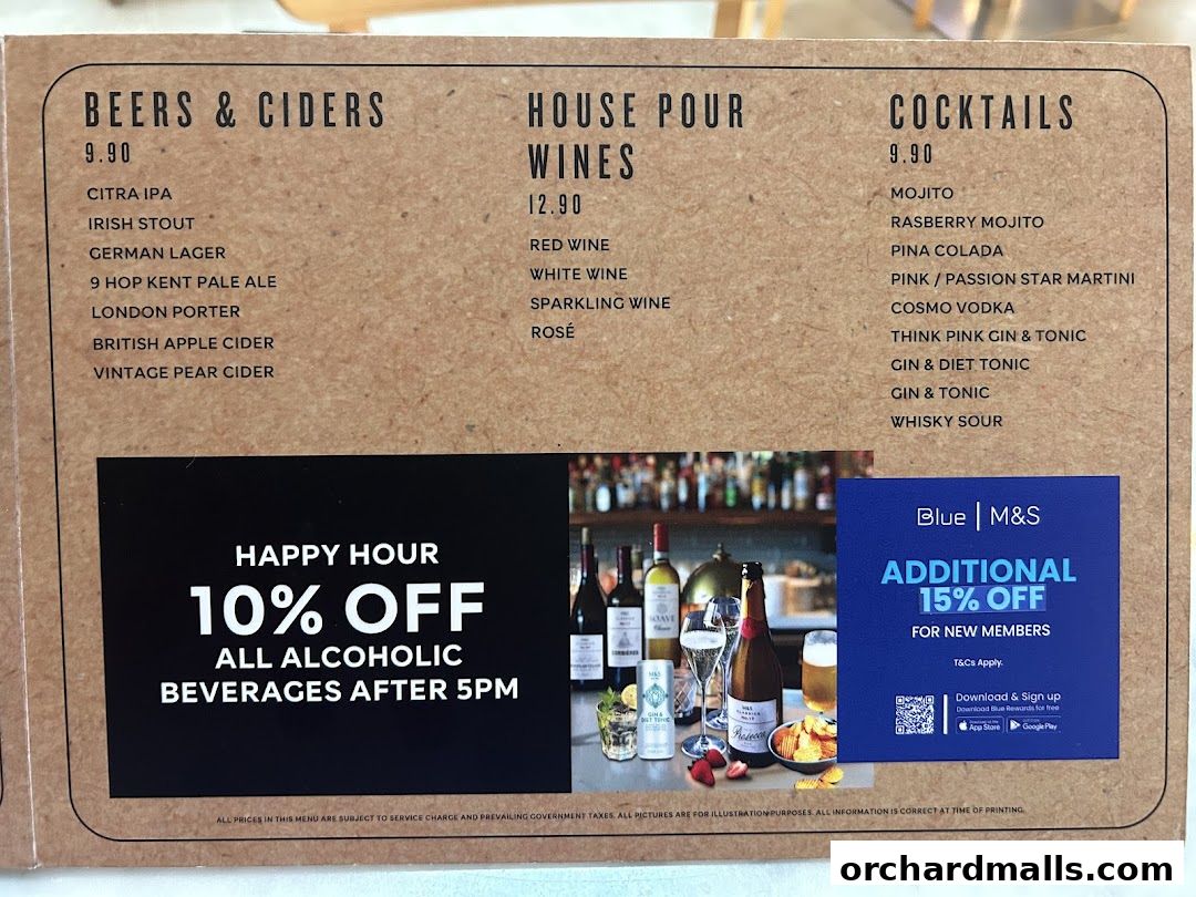 A menu for MS Café featuring beers, ciders, wines, and cocktails, with happy hour and new member offers.