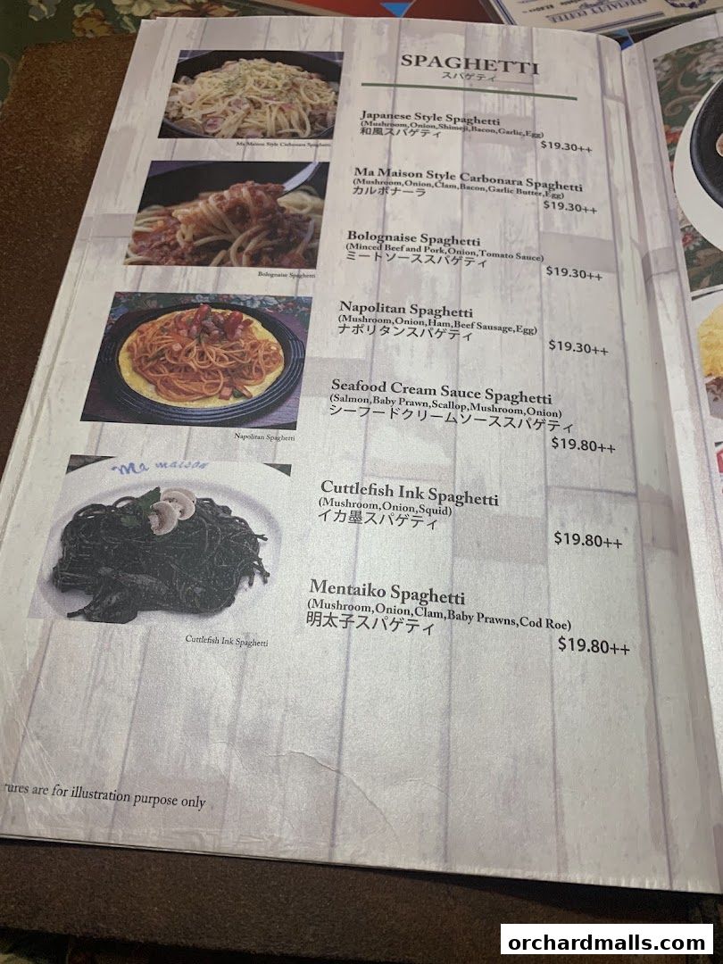 A menu page showcasing various spaghetti dishes with images and descriptions.