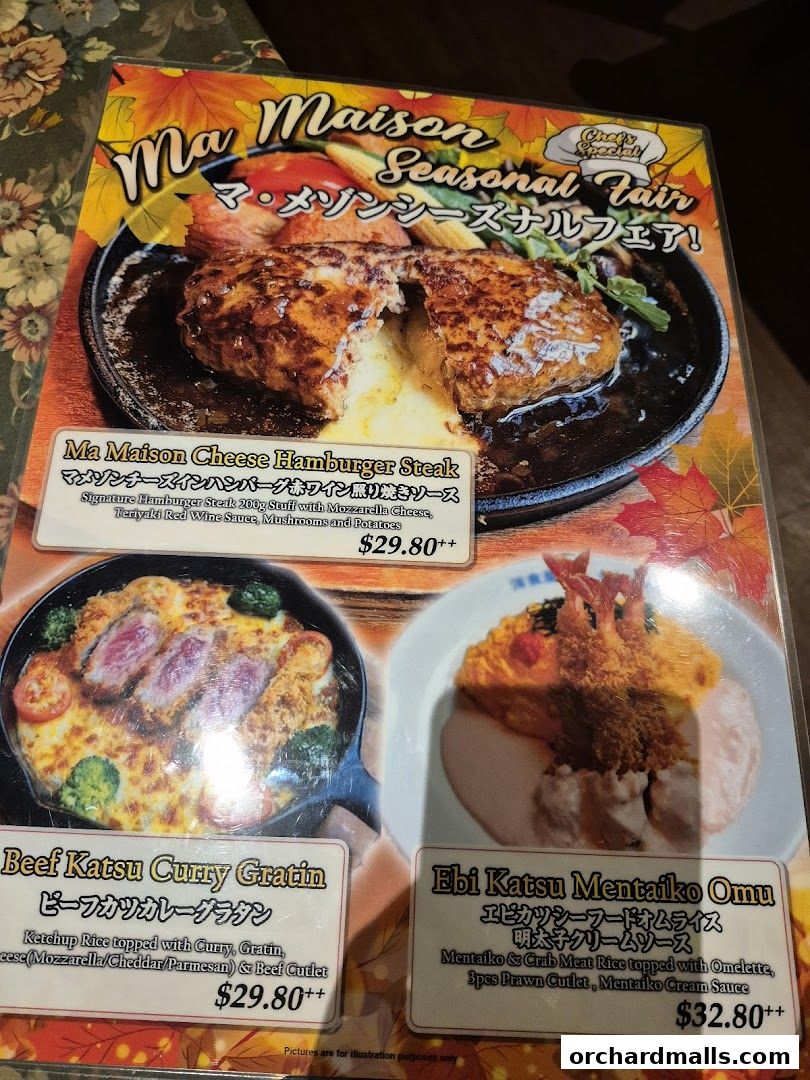 A menu featuring three popular dishes from Ma Maison, including a cheese hamburger steak.
