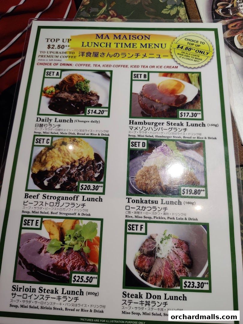 A lunch menu from Ma Maison featuring various set meals with prices and descriptions.