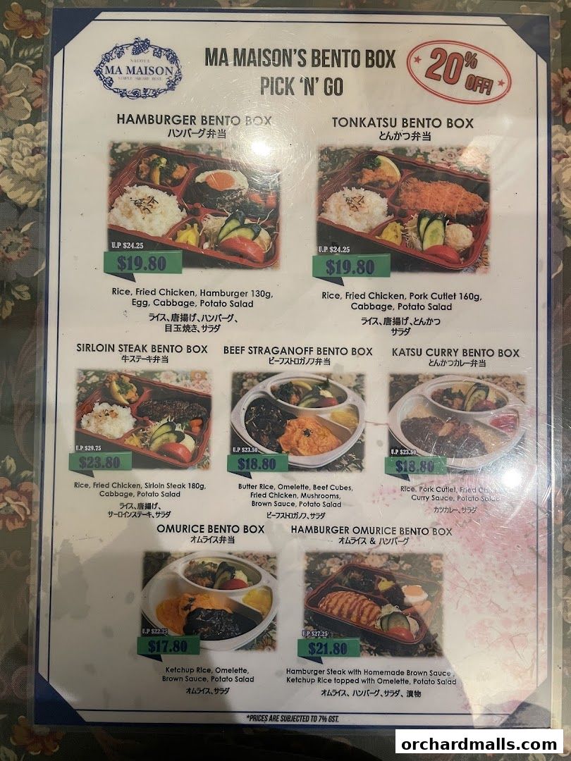 A menu for Ma Maison's bento boxes, featuring various meal options with prices.