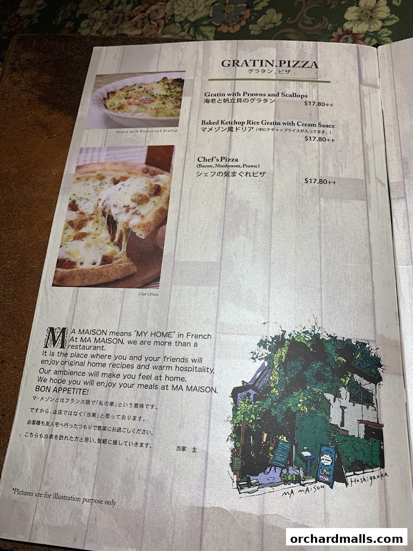 A menu page from Ma Maison restaurant featuring gratins and pizzas with prices.