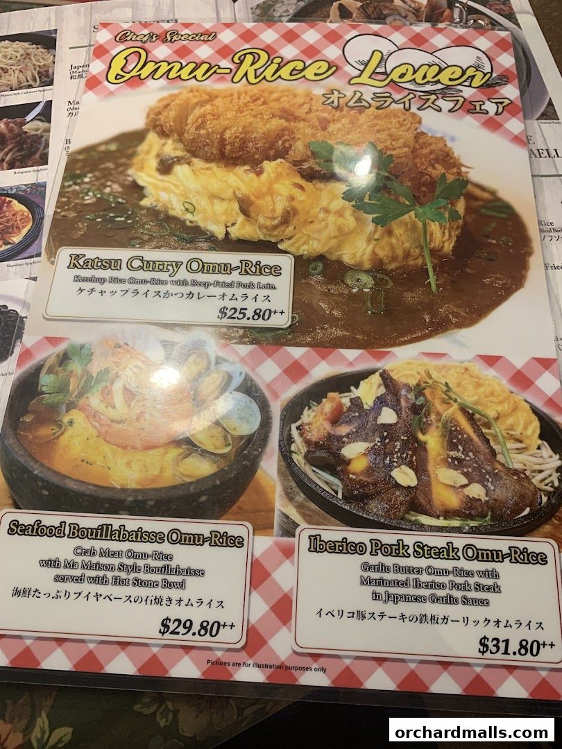 A menu featuring Omu-Rice dishes including Katsu Curry, Seafood Bouillabaisse, and Iberico Pork Steak.