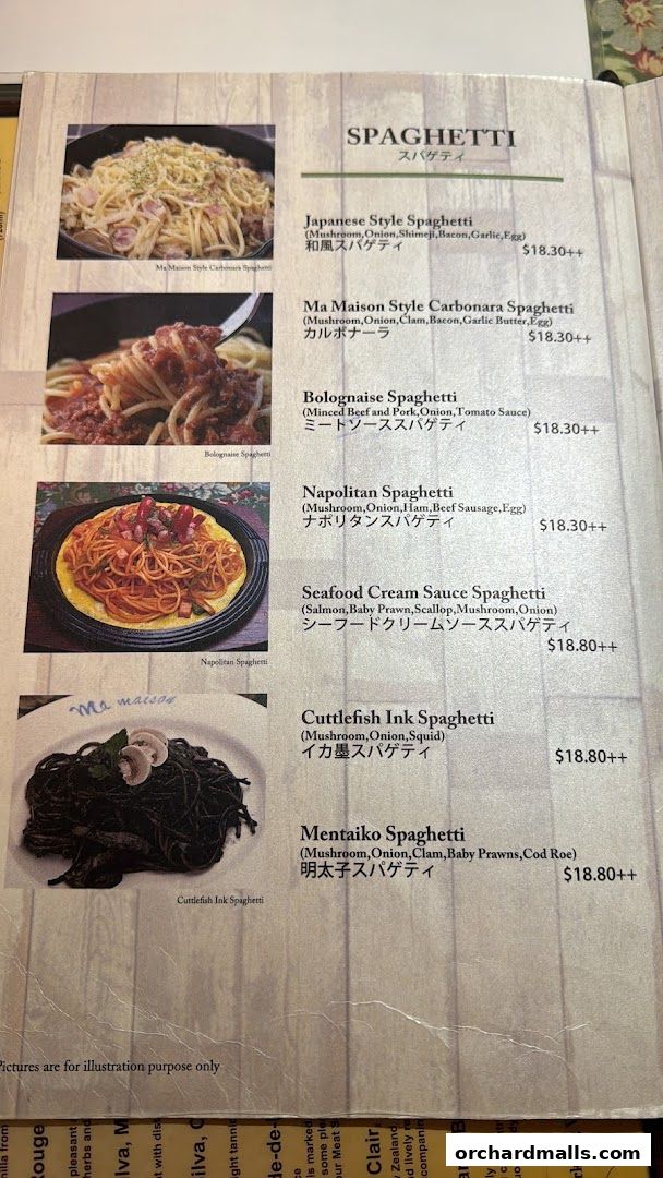 A menu page showcasing various spaghetti dishes with images and descriptions.