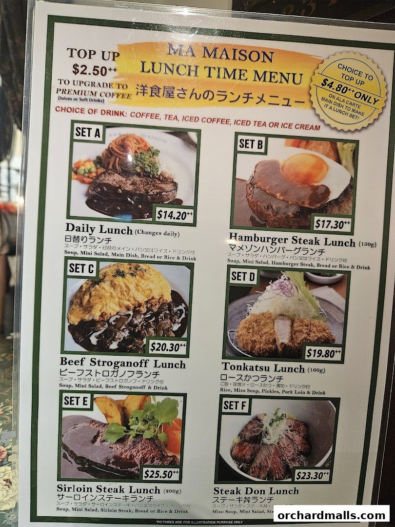 A menu from Ma Maison restaurant featuring various lunch sets with prices and descriptions.