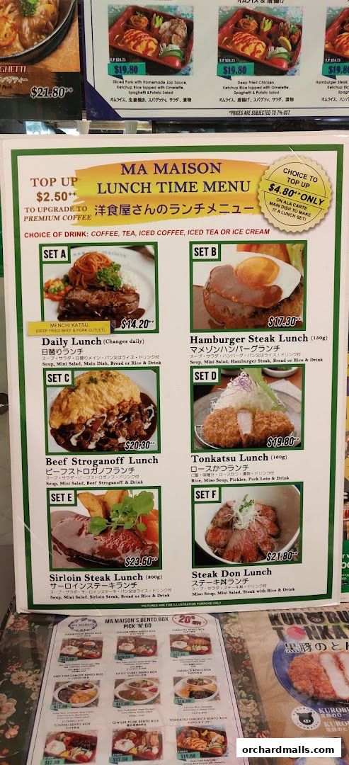 A menu for Ma Maison featuring lunch sets and bento boxes with various Japanese and Western dishes.
