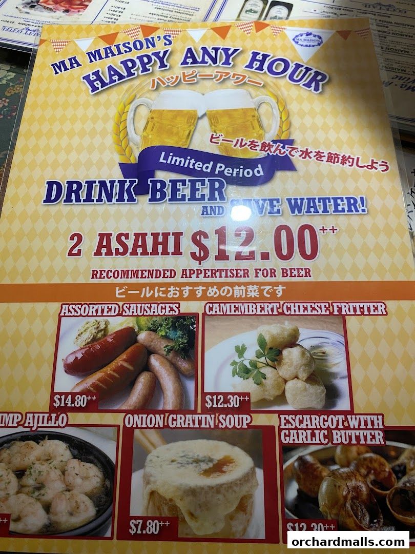 A menu from Ma Maison featuring a happy hour special with beer and appetizers.
