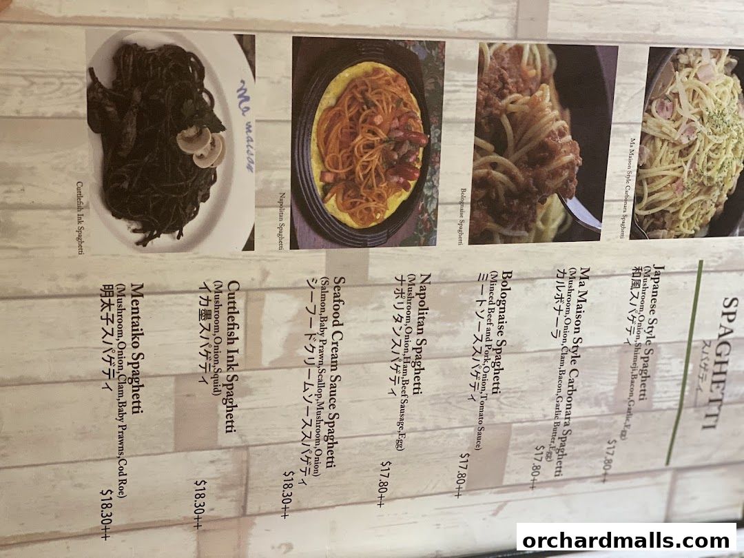 A menu page showcasing various spaghetti dishes with images and descriptions.