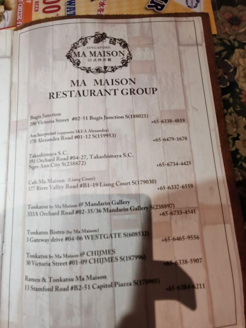Menu page for Ma Maison