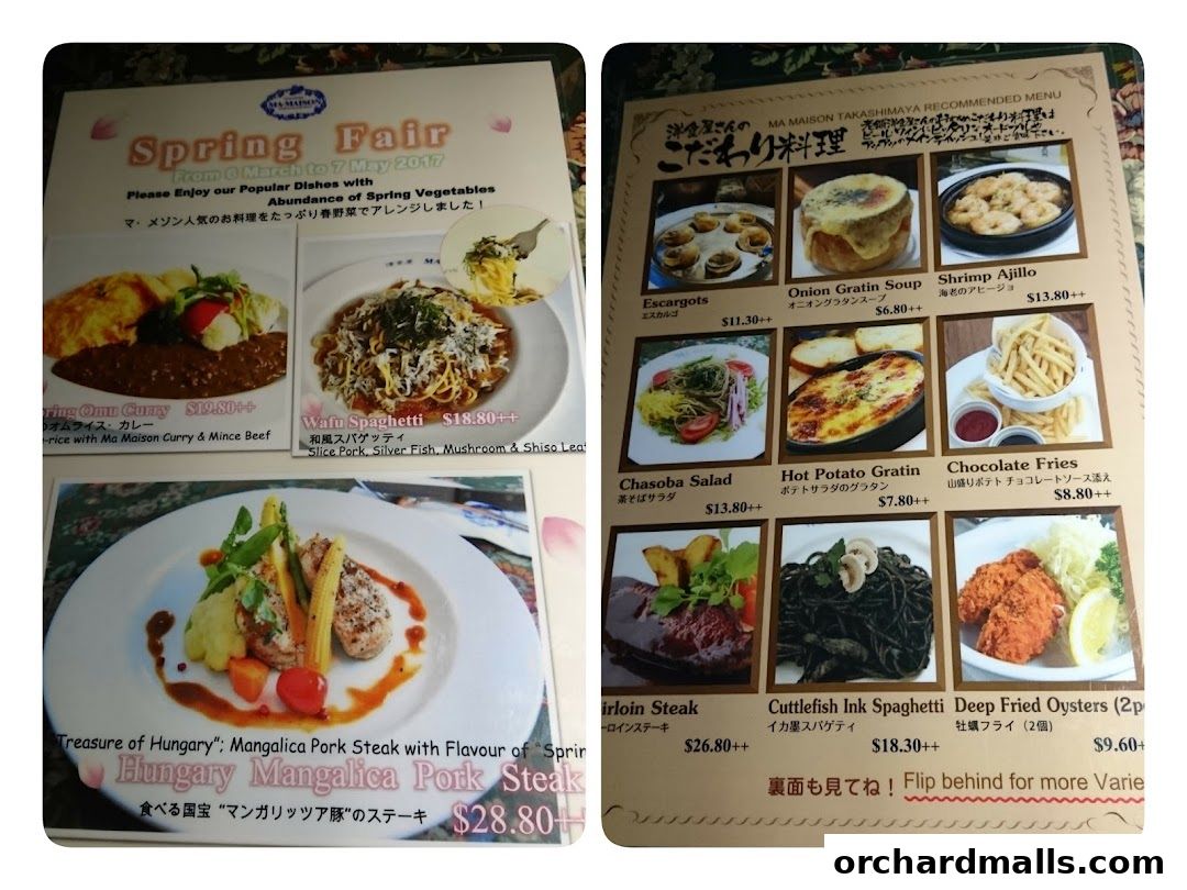 A menu from Ma Maison featuring spring fair dishes and recommended items.