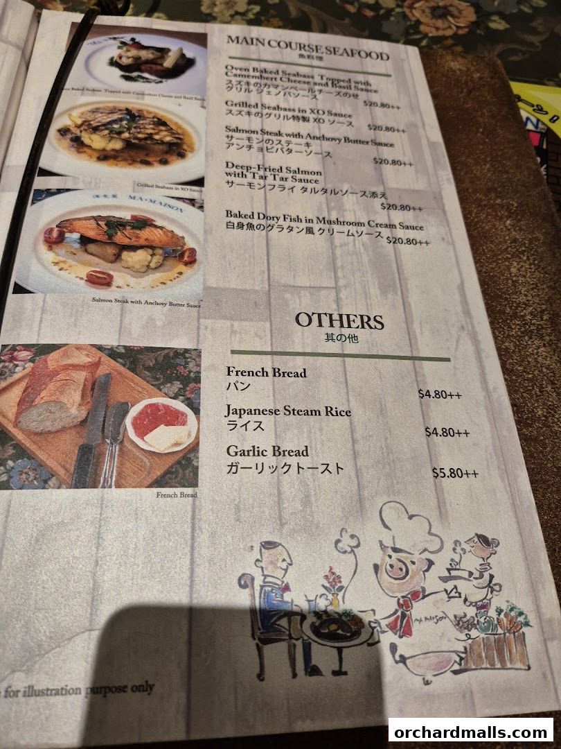 A menu from Ma Maison featuring seafood main courses and other items with illustrations.