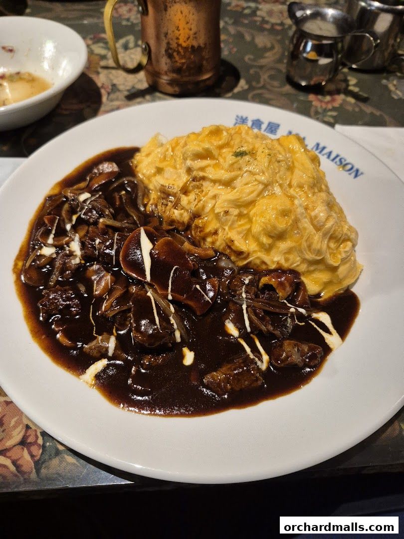A plate of omurice with rich demi-glace sauce and tender beef stew.