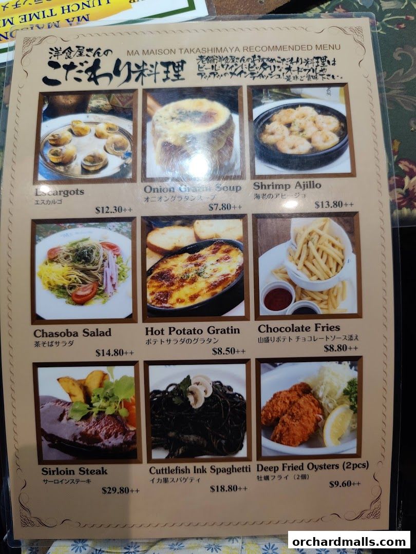 A menu from Ma Maison Takashimaya featuring recommended dishes with images and prices.