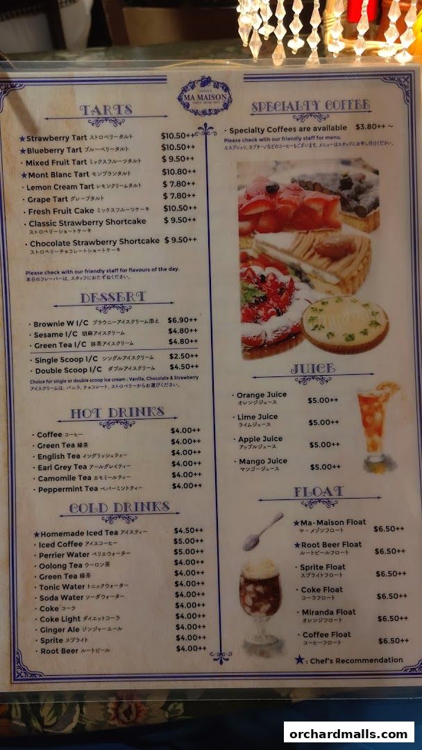 A menu from Ma Maison featuring tarts, desserts, hot and cold drinks, juices, and floats.