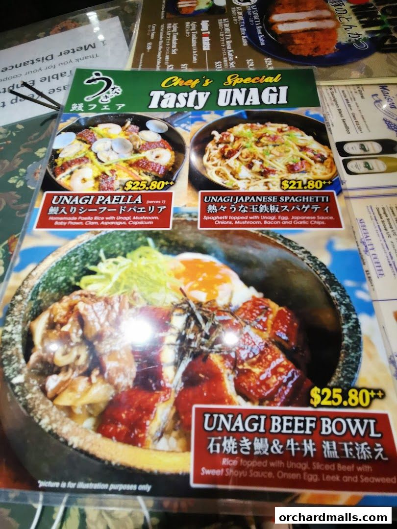 A menu featuring Unagi Paella, Unagi Japanese Spaghetti, and Unagi Beef Bowl.