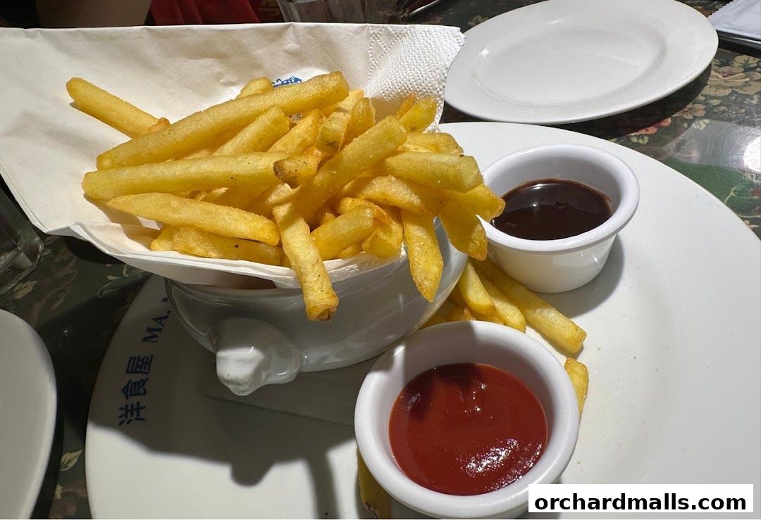 A serving of golden french fries with ketchup and a dark dipping sauce.