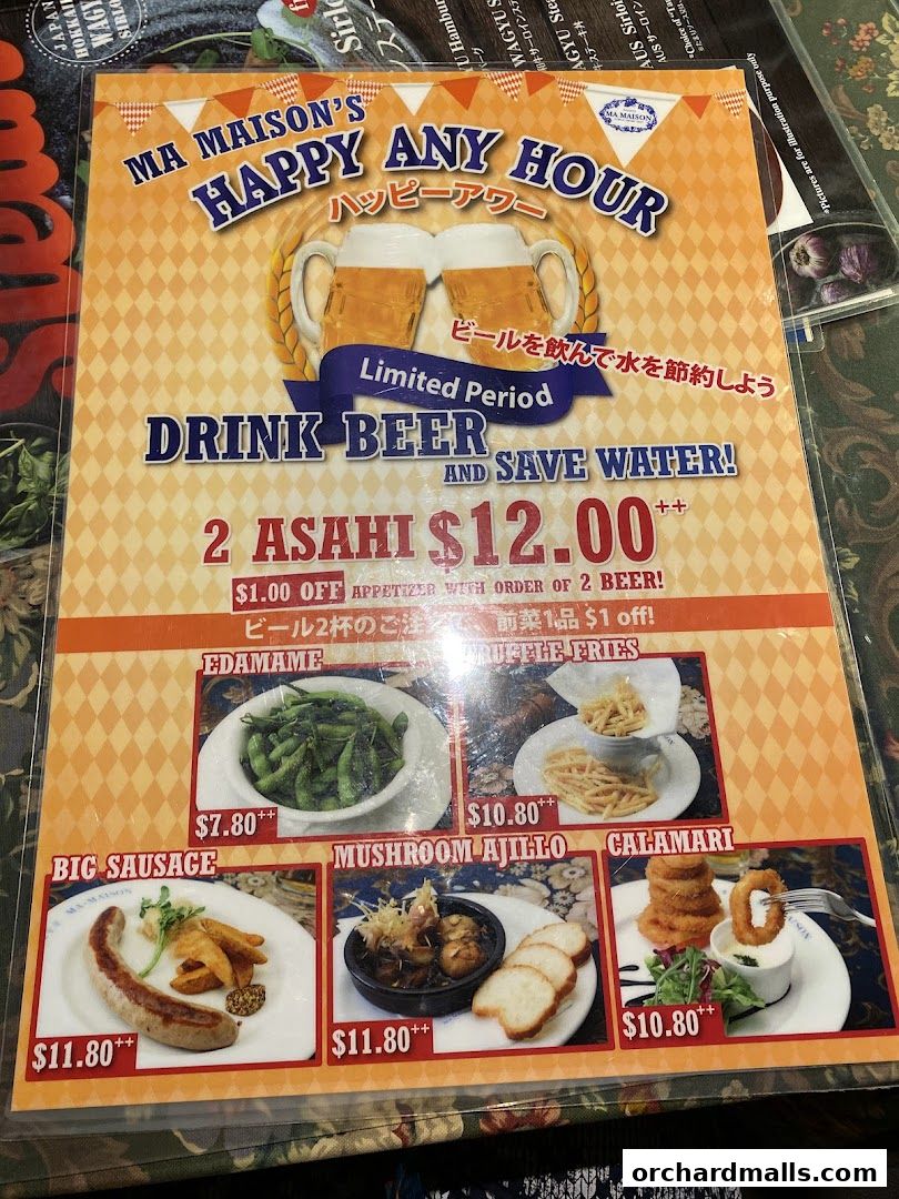 A menu for Ma Maison's Happy Hour featuring beer and appetizer specials.