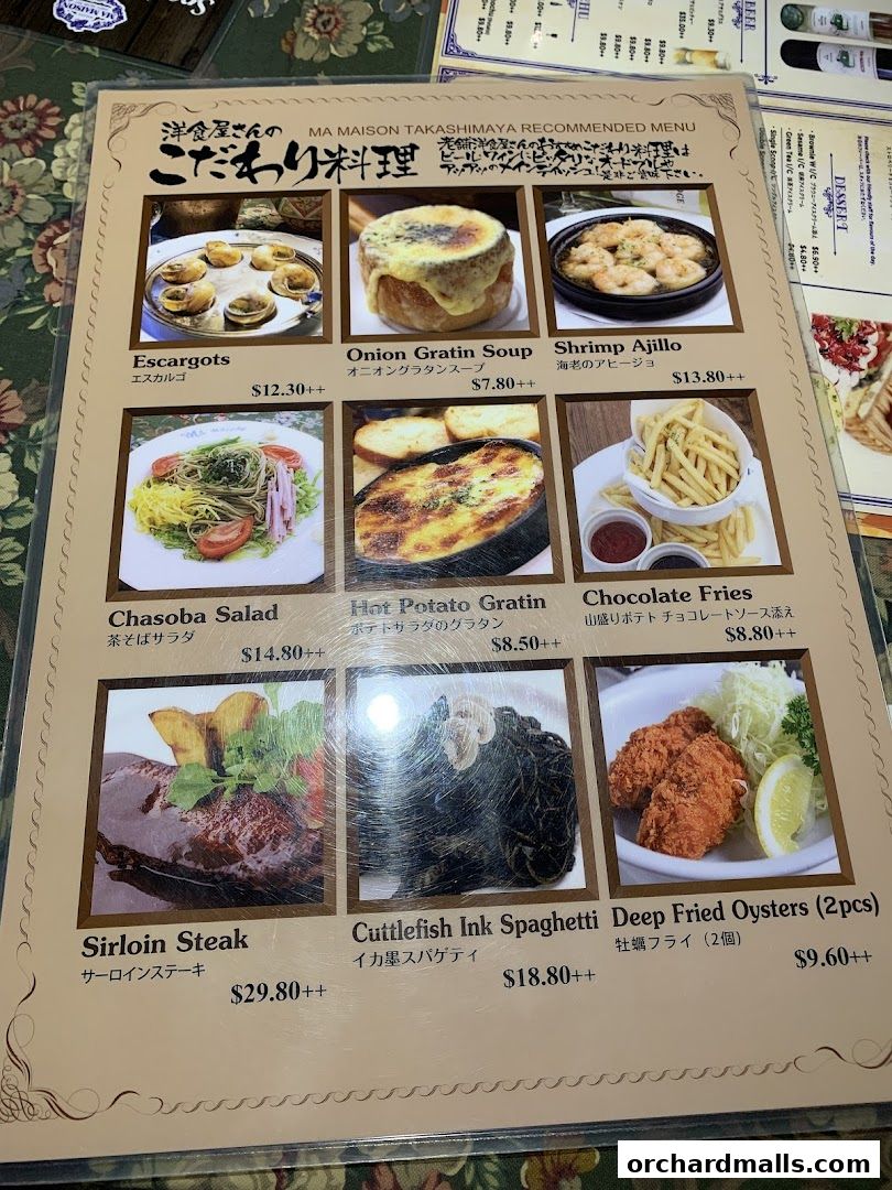 A menu from Ma Maison Takashimaya featuring recommended dishes with images and prices.