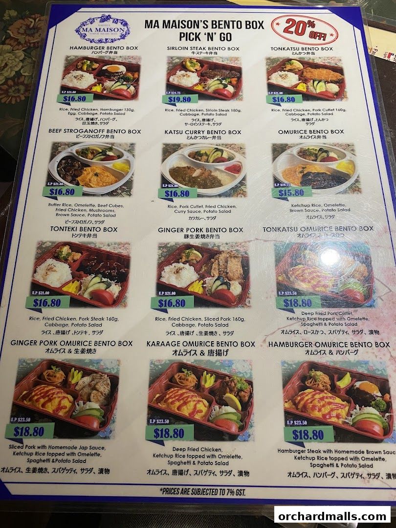 A menu showcasing various bento boxes from Ma Maison with prices and descriptions.