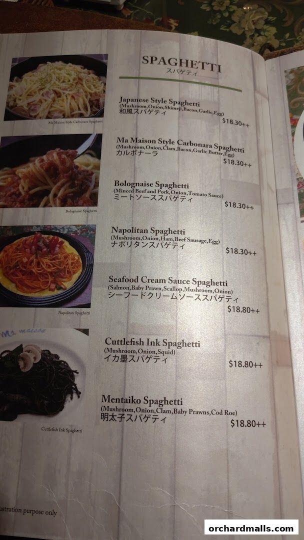 A menu page showcasing various spaghetti dishes with images and prices.