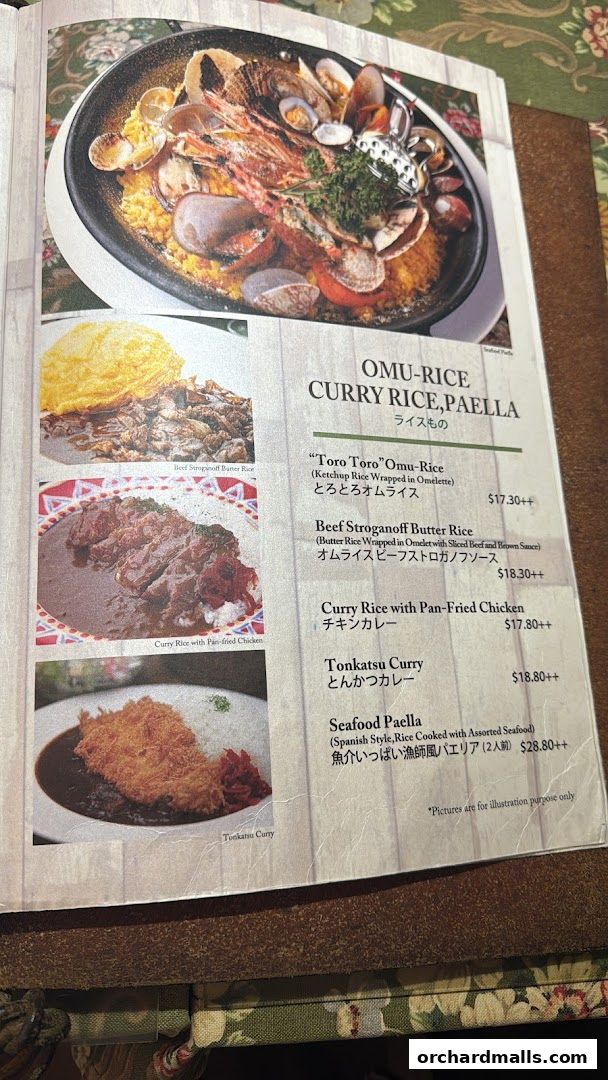 A menu page from Ma Maison featuring various rice dishes, curries, and paella.