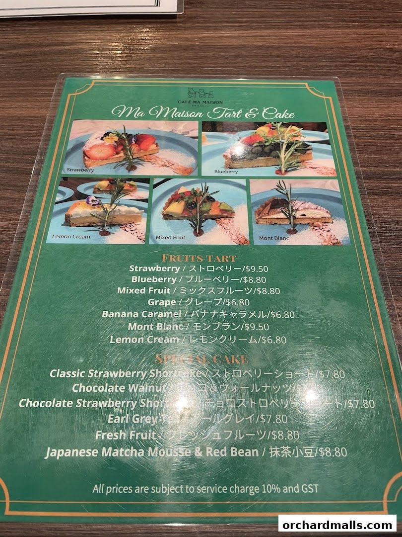 A menu from Ma Maison Tart & Cake featuring various fruit tarts and special cakes.