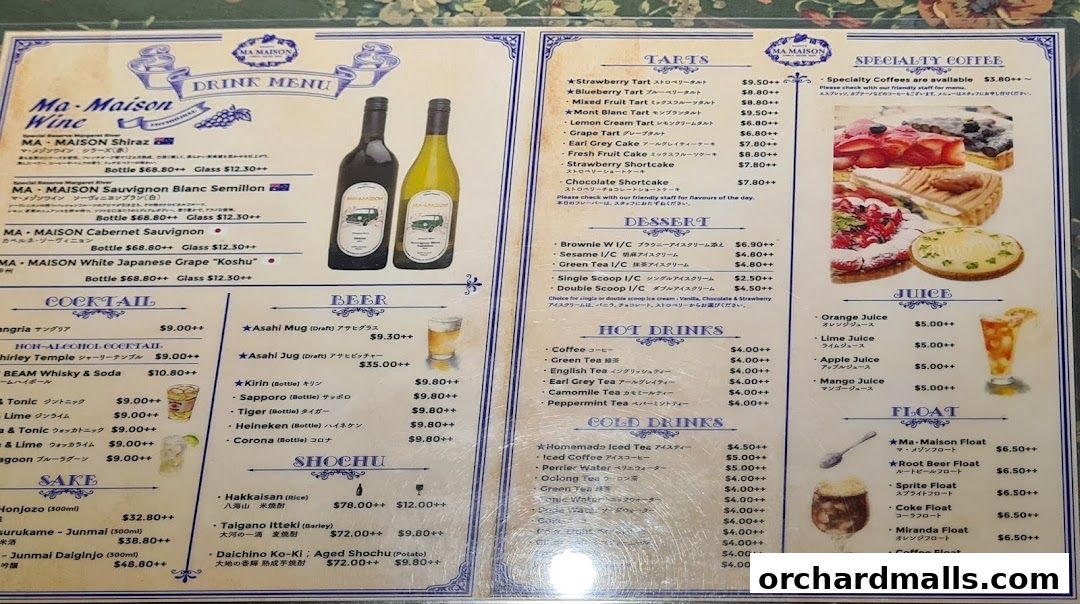 A menu from Ma Maison featuring wines, cocktails, beer, sake, tarts, desserts, and various drinks.